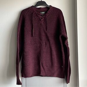 ROOTS Burgundy Knit Cotton and Wool Sweater with Lace-Up Neckline